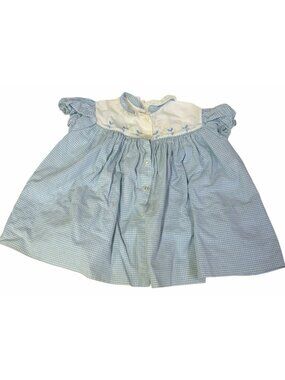 Vintage 1950s Feltman Bros Blue Gingham Button Baby Dress Embroidered Fits 3-6 M